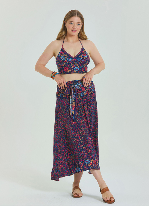 Floral Patterned Loose Asymmetric Plus Size Skirt